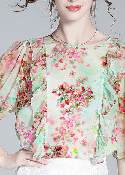 Women Light Green O-Neck Ruffled Print Silk Shirts Half Sleeve AC3016 - fabuloryshop