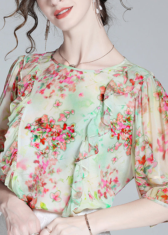 Women Light Green O-Neck Ruffled Print Silk Shirts Half Sleeve LY0710