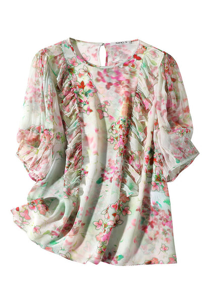 Women Light Green O-Neck Ruffled Print Silk Shirts Half Sleeve LY0710 - fabuloryshop