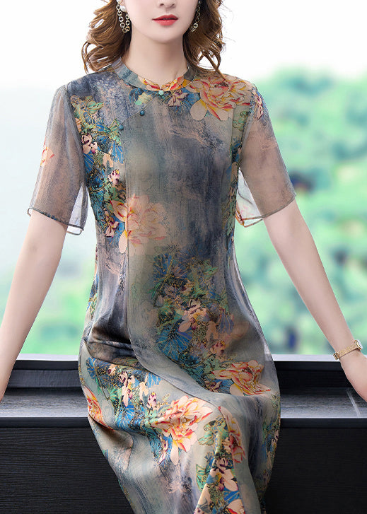 Women Light Grey Stand Collar Tie Dye Print Slim Fit Silk Dress Summer LY3705 - fabuloryshop