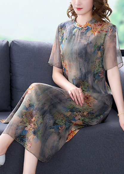 Women Light Grey Stand Collar Tie Dye Print Slim Fit Silk Dress Summer LY3705 - fabuloryshop