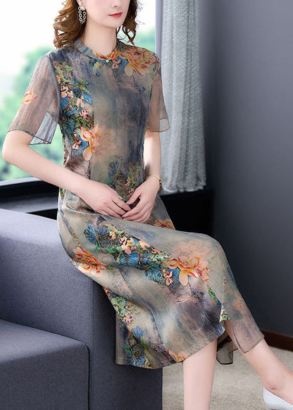 Women Light Grey Stand Collar Tie Dye Print Slim Fit Silk Dress Summer LY3705 - fabuloryshop