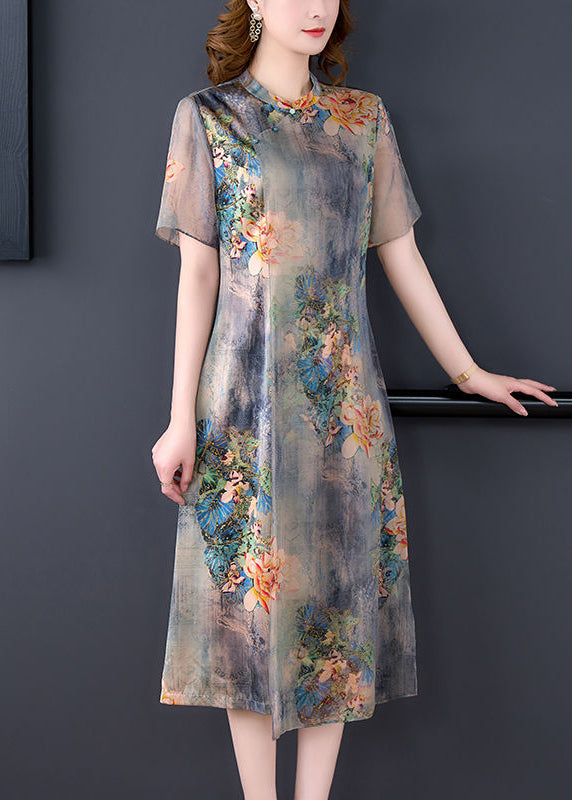 Women Light Grey Stand Collar Tie Dye Print Slim Fit Silk Dress Summer LY3705 - fabuloryshop