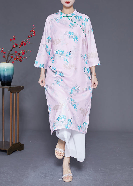 Women Light Pink Mandarin Collar Print Cotton Dresses Bracelet Sleeve LY1779