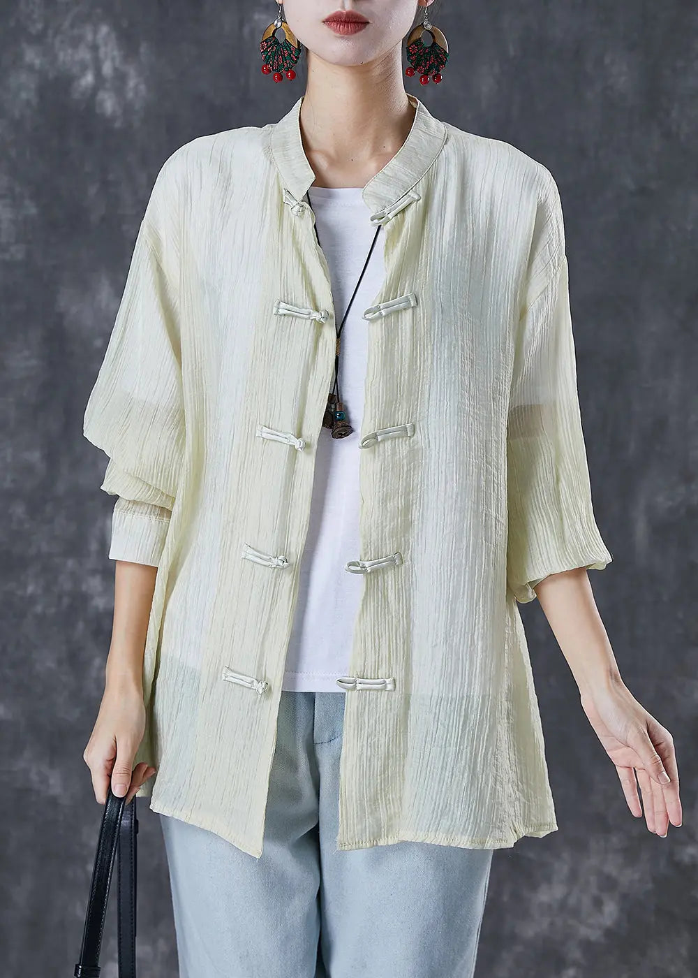 Women Light Yellow Mandarin Collar Chinese Button Wrinkled Cotton Shirt Fall Ada Fashion