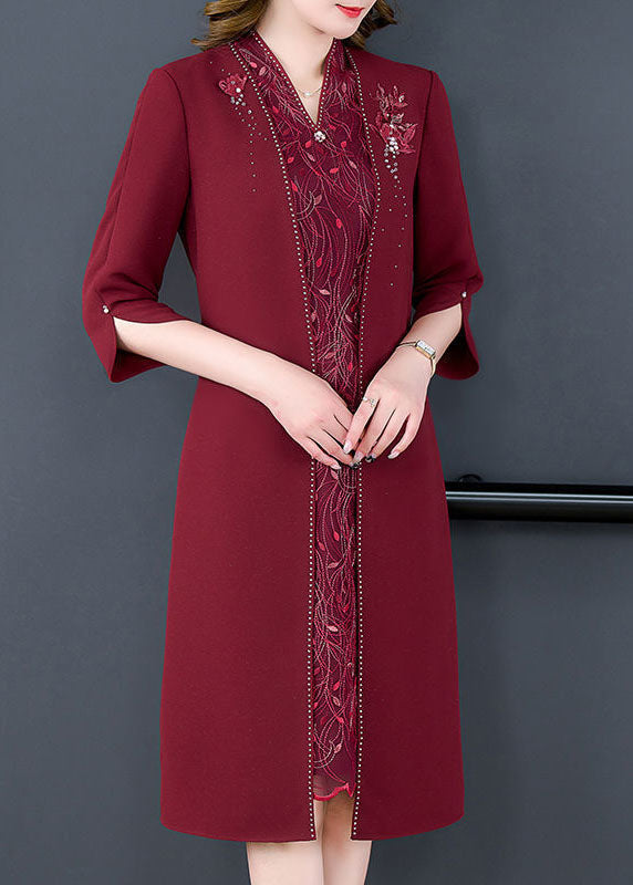 Women Mulberry V Neck Embroideried Silk Fake Two Piece Dress Bracelet Sleeve LY1665 - fabuloryshop