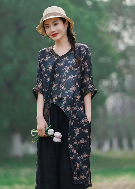 Women Navy Asymmetrical Print Patchwork Linen Tops Summer LY2527 - fabuloryshop