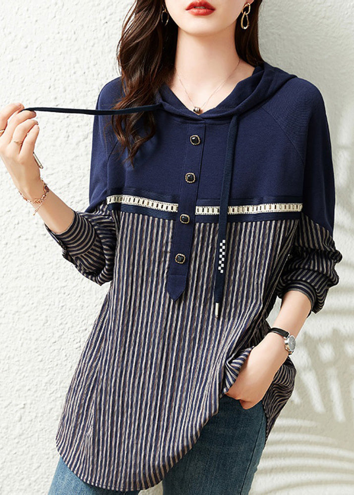 Women Navy Blue Patchwork Drawstring Cotton Hooded Tops Long Sleeve LY6177 - fabuloryshop