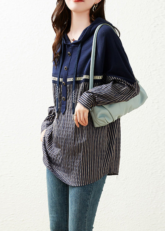 Women Navy Blue Patchwork Drawstring Cotton Hooded Tops Long Sleeve LY6177 - fabuloryshop