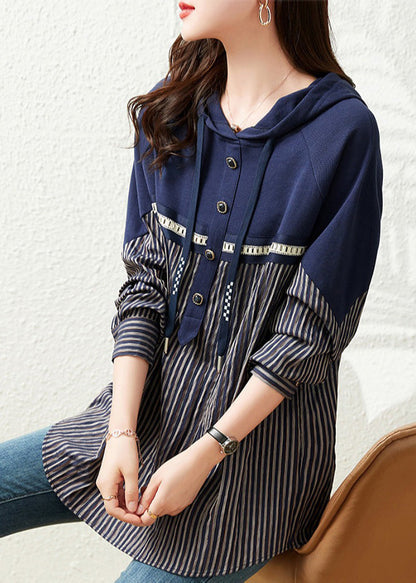 Women Navy Blue Patchwork Drawstring Cotton Hooded Tops Long Sleeve LY6177 - fabuloryshop