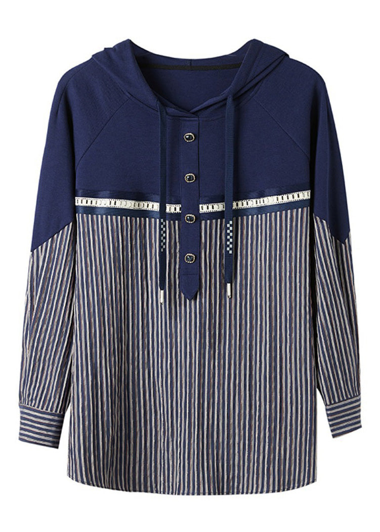 Women Navy Blue Patchwork Drawstring Cotton Hooded Tops Long Sleeve LY6177 - fabuloryshop