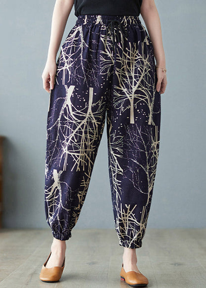 Women Navy Elastic Waist Print Harem Pants Summer LY4483 - fabuloryshop