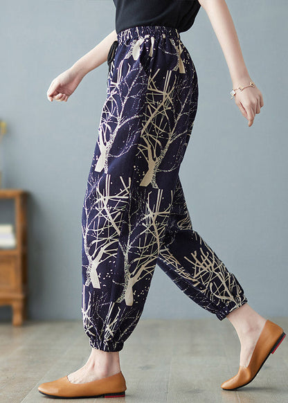 Women Navy Elastic Waist Print Harem Pants Summer LY4483 - fabuloryshop