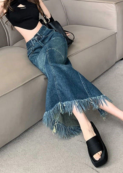 Women Navy High Waist Patchwork Tassel Denim Maxi Skirts Summer LY7931