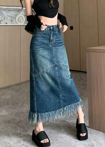 Women Navy High Waist Patchwork Tassel Denim Maxi Skirts Summer LY7931