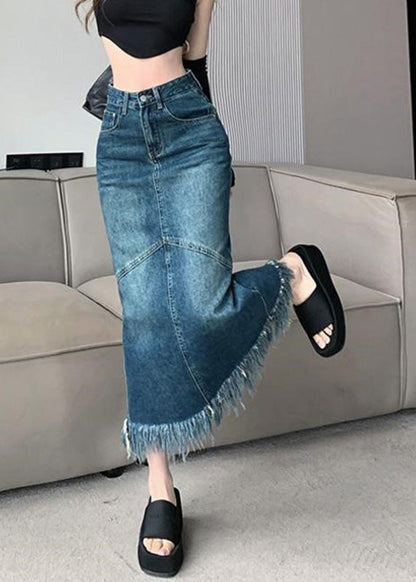 Women Navy High Waist Patchwork Tassel Denim Maxi Skirts Summer LY7931