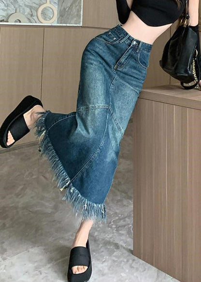 Women Navy High Waist Patchwork Tassel Denim Maxi Skirts Summer LY7931