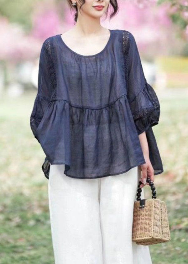 Women Navy Hollow Out Embroideried Patchwork Linen Tops Summer LY4061 - fabuloryshop