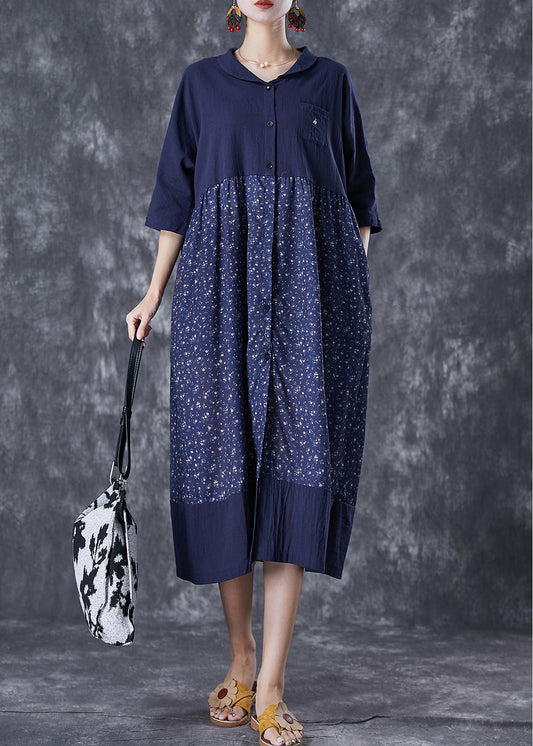 Women Navy Oversized Patchwork Print Linen Robe Dresses Summer LY7100 - fabuloryshop