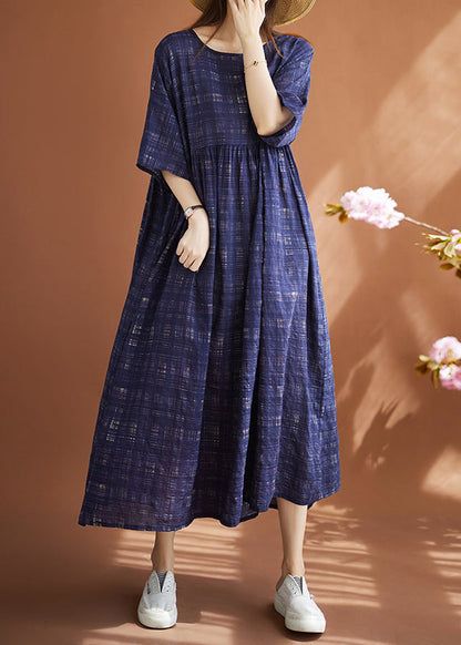 Women Navy Oversized Plaid Linen Maxi Dresses Summer LY4927 - fabuloryshop