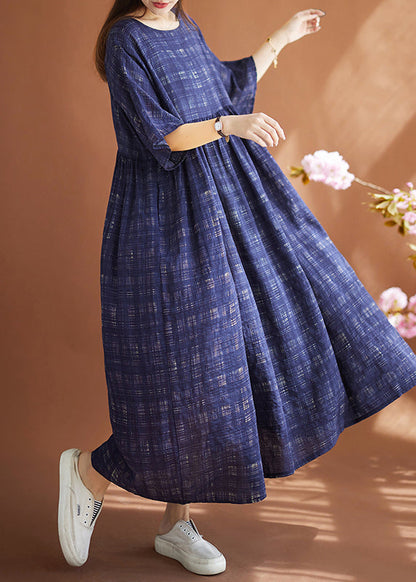 Women Navy Oversized Plaid Linen Maxi Dresses Summer LY4927 - fabuloryshop