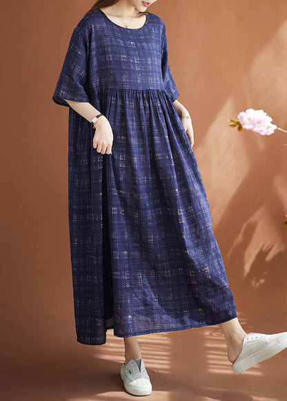 Women Navy Oversized Plaid Linen Maxi Dresses Summer LY4927 - fabuloryshop