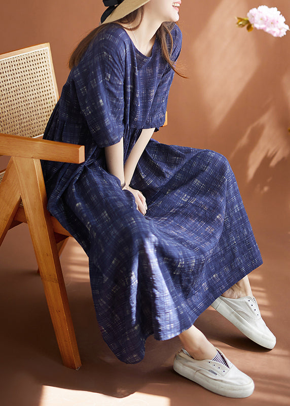 Women Navy Oversized Plaid Linen Maxi Dresses Summer LY4927 - fabuloryshop