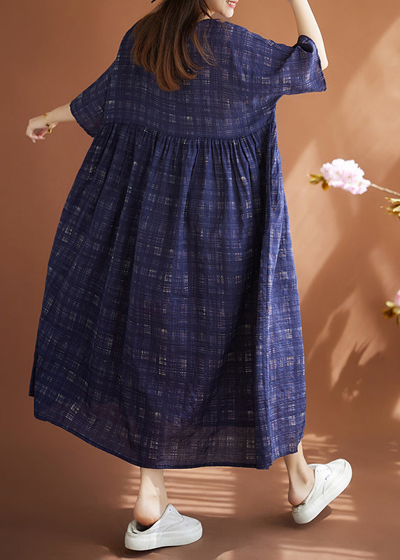 Women Navy Oversized Plaid Linen Maxi Dresses Summer LY4927 - fabuloryshop