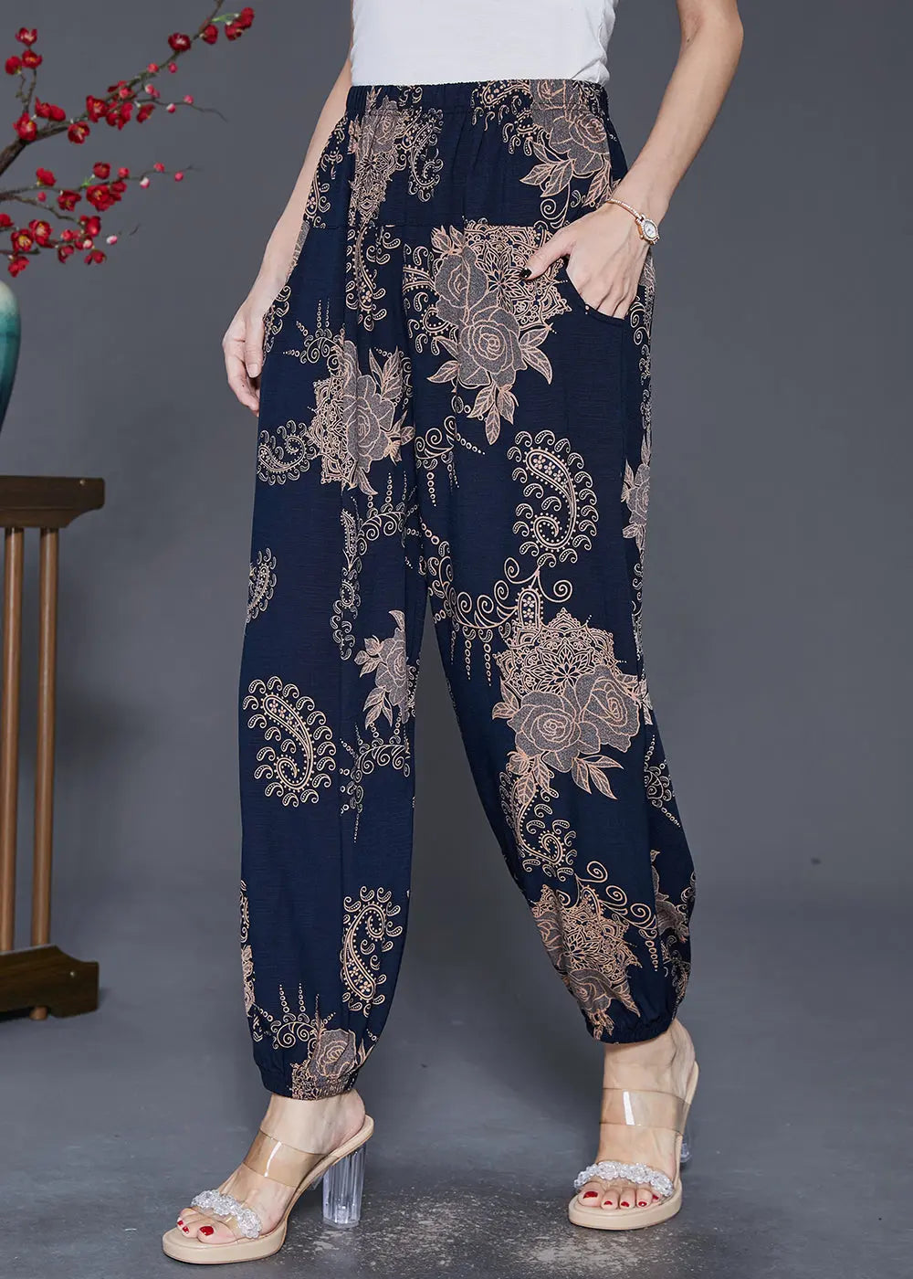 Women Navy Oversized Print Cotton Lantern Pants Fall Ada Fashion