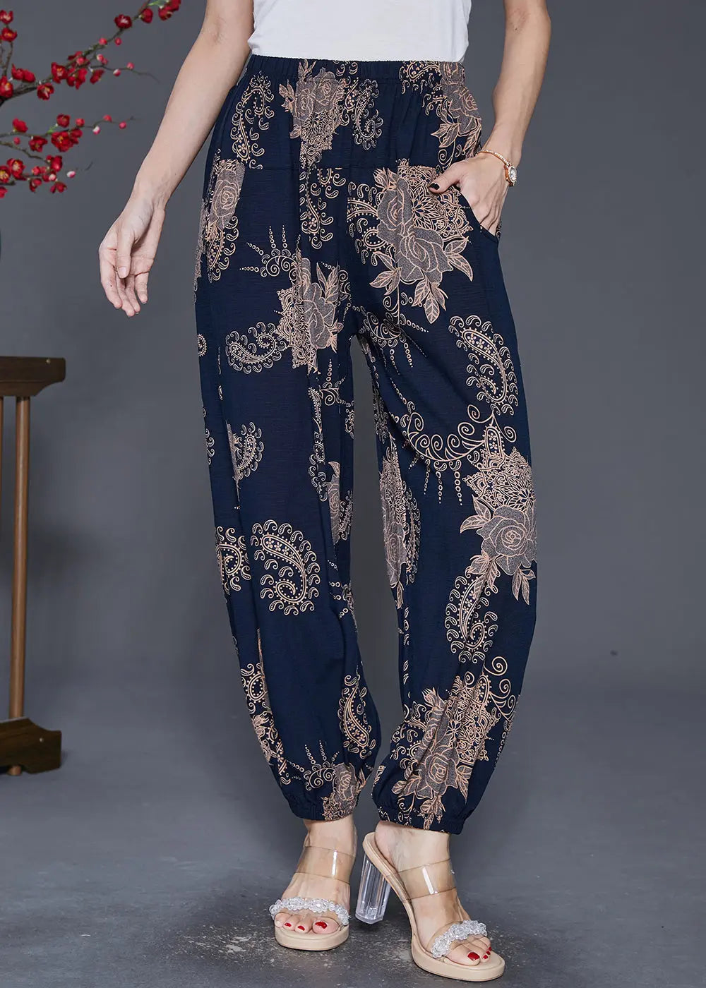 Women Navy Oversized Print Cotton Lantern Pants Fall Ada Fashion