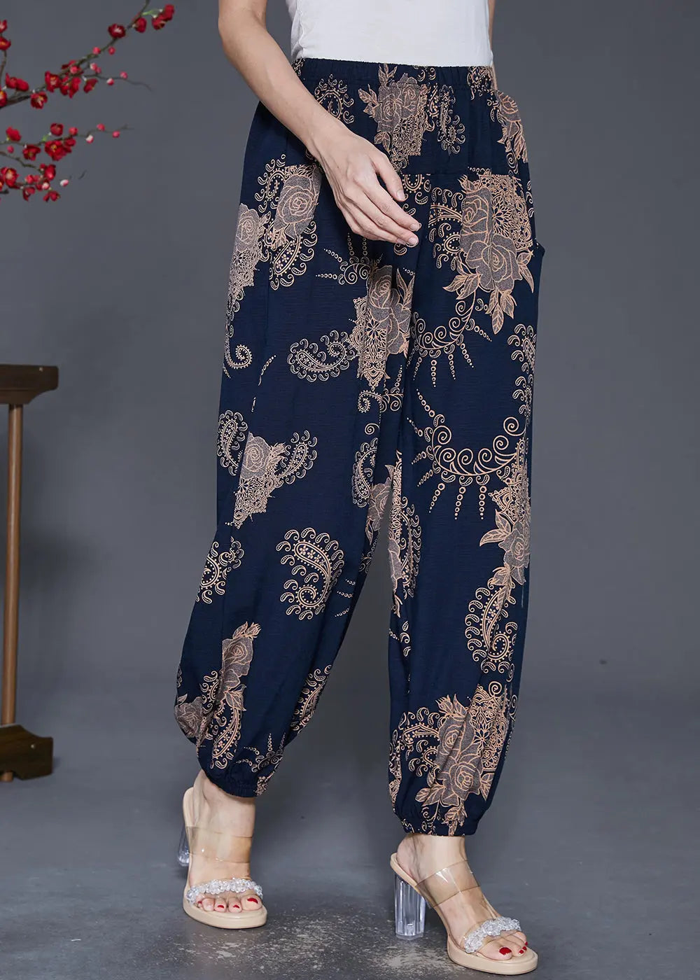 Women Navy Oversized Print Cotton Lantern Pants Fall Ada Fashion