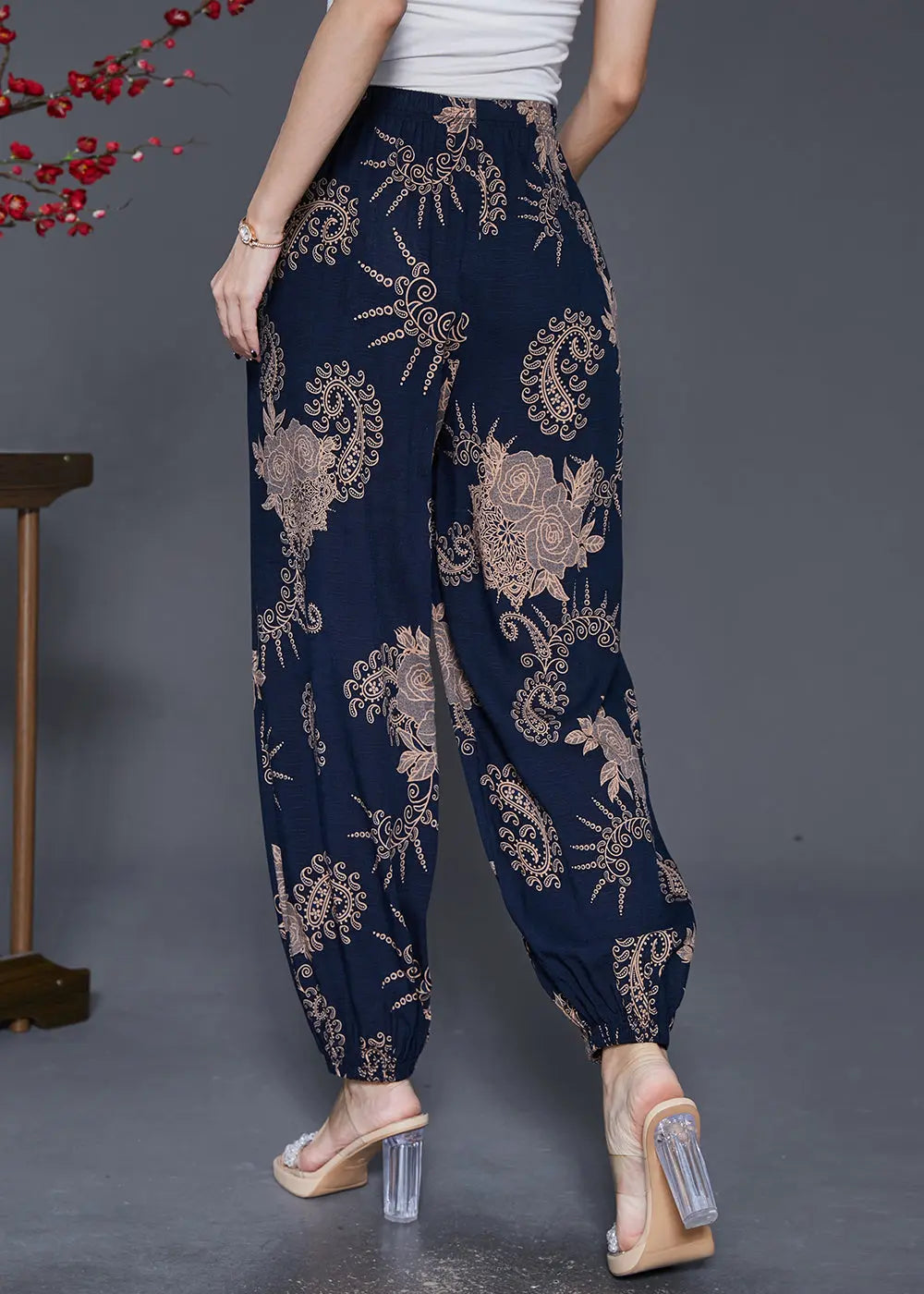 Women Navy Oversized Print Cotton Lantern Pants Fall Ada Fashion