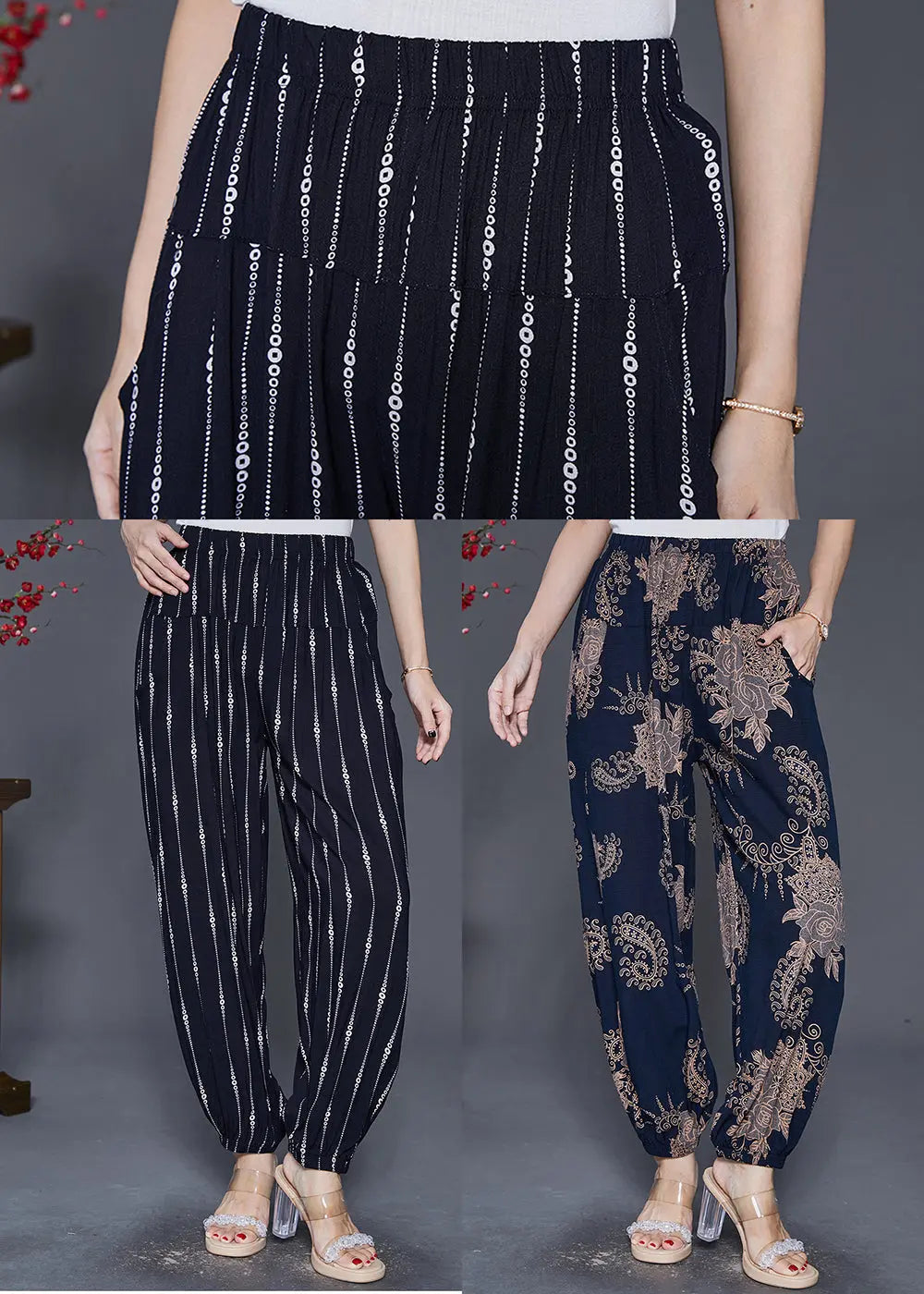 Women Navy Oversized Print Cotton Lantern Pants Fall Ada Fashion