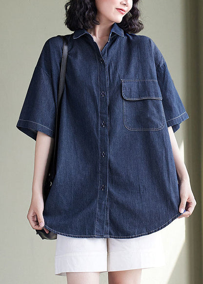 Women Navy Peter Pan Collar Patchwork Denim Shirt Top Summer LY5643 - fabuloryshop