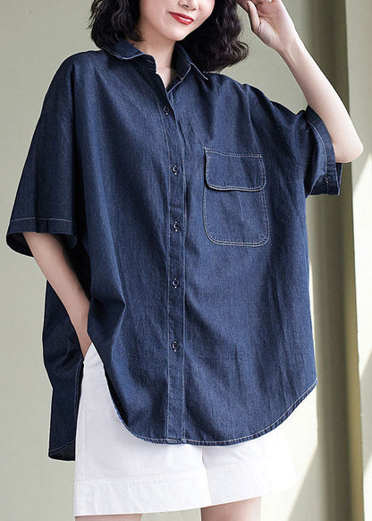 Women Navy Peter Pan Collar Patchwork Denim Shirt Top Summer LY5643 - fabuloryshop