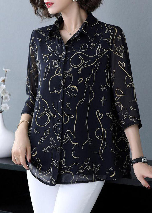 Women Navy Peter Pan Collar Print Patchwork Chiffon Shirt Bracelet Sleeve LY6671 - fabuloryshop