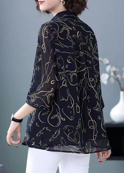 Women Navy Peter Pan Collar Print Patchwork Chiffon Shirt Bracelet Sleeve LY6671 - fabuloryshop