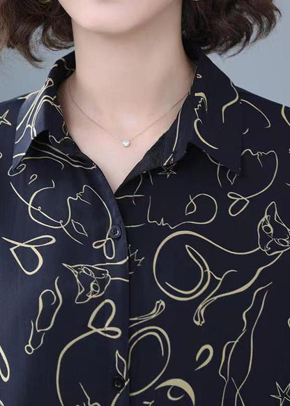 Women Navy Peter Pan Collar Print Patchwork Chiffon Shirt Bracelet Sleeve LY6671 - fabuloryshop