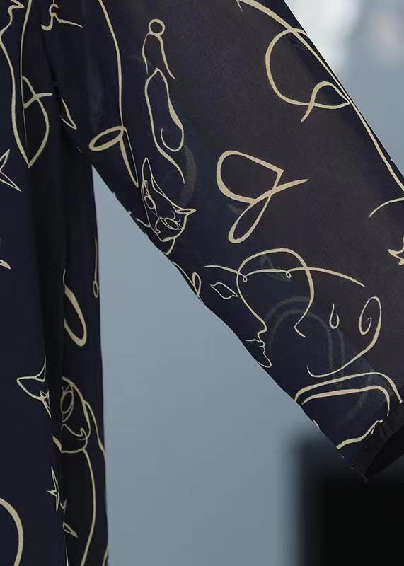 Women Navy Peter Pan Collar Print Patchwork Chiffon Shirt Bracelet Sleeve LY6671 - fabuloryshop