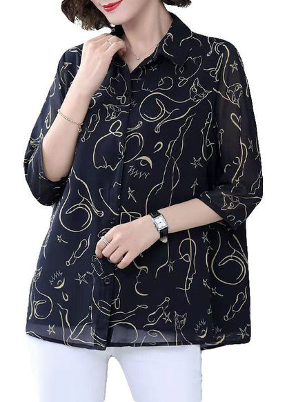 Women Navy Peter Pan Collar Print Patchwork Chiffon Shirt Bracelet Sleeve LY6671 - fabuloryshop