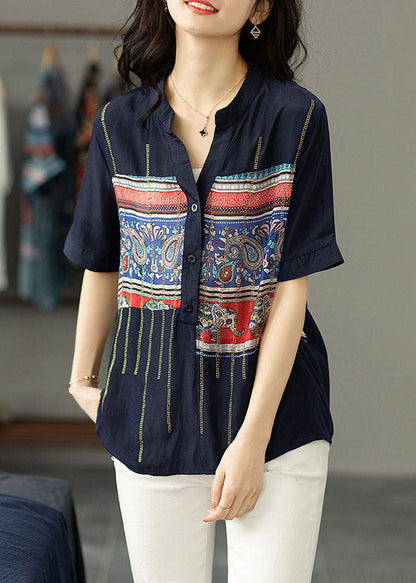 Women Navy Print Zircon Patchwork Cotton Shirt Tops Summer TP1041 - fabuloryshop