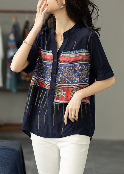 Women Navy Print Zircon Patchwork Cotton Shirt Tops Summer TP1041 - fabuloryshop