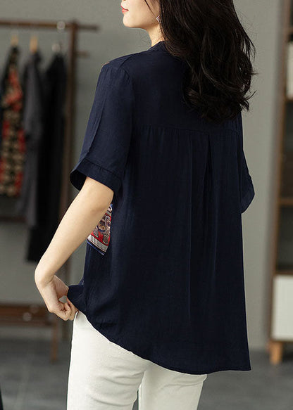 Women Navy Print Zircon Patchwork Cotton Shirt Tops Summer LY6984 Ada Fashion