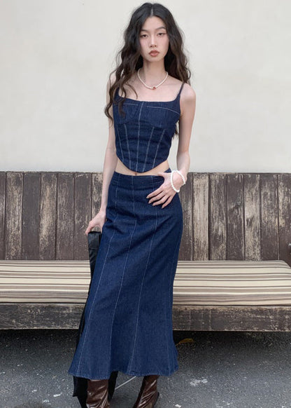 Women Navy Slim Fit Patchwork Denim Tops And Skirts Two Pieces Set Summer Ada Fashion