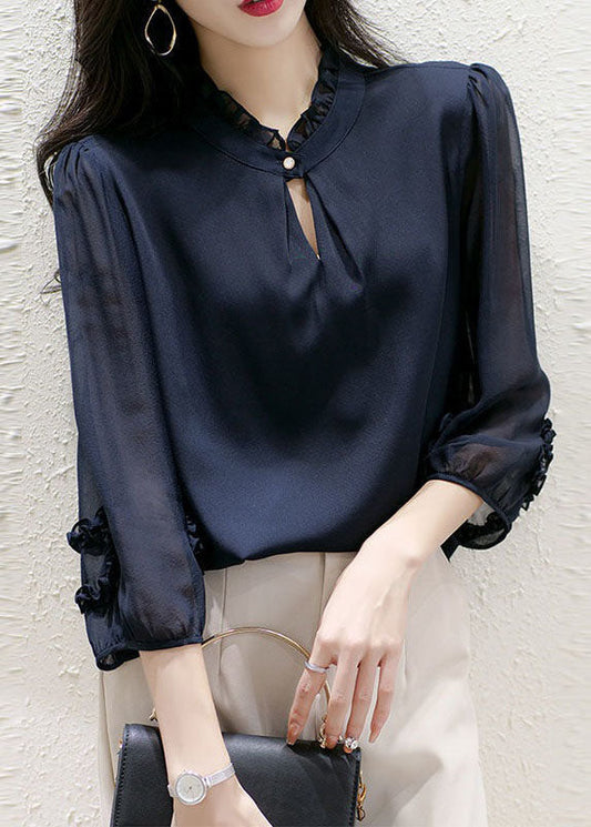 Women Navy Stand Collar Ruffled Patchwork Silk Top Spring LY0351 - fabuloryshop