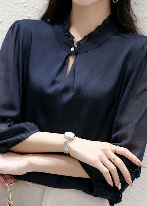 Women Navy Stand Collar Ruffled Patchwork Silk Top Spring LY0351 - fabuloryshop