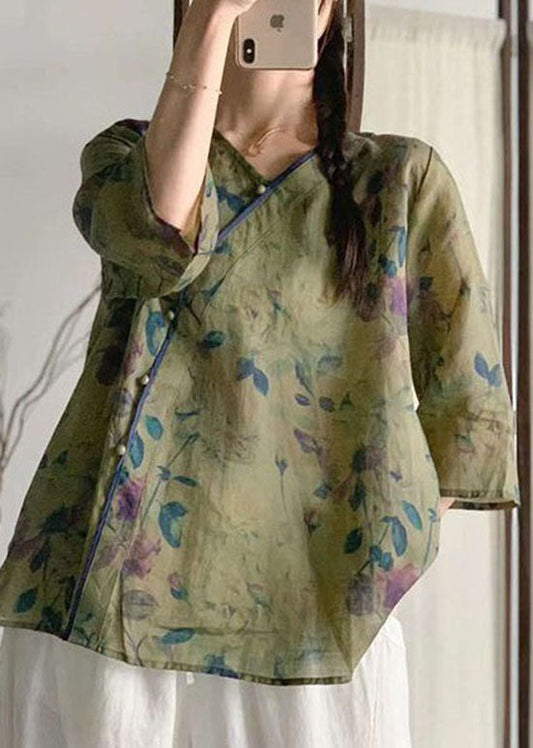 Women Navy V Neck Print Patchwork Linen Blouse Tops Summer LY4125 - fabuloryshop