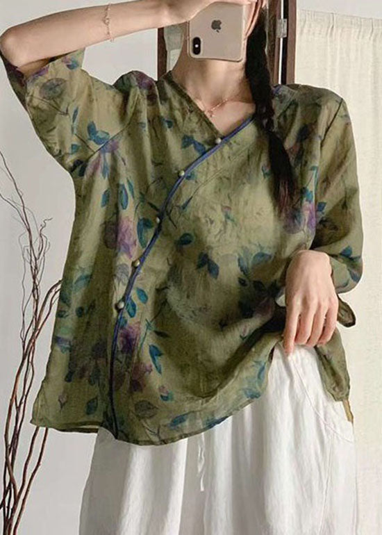 Women Navy V Neck Print Patchwork Linen Blouse Tops Summer LY4125 - fabuloryshop