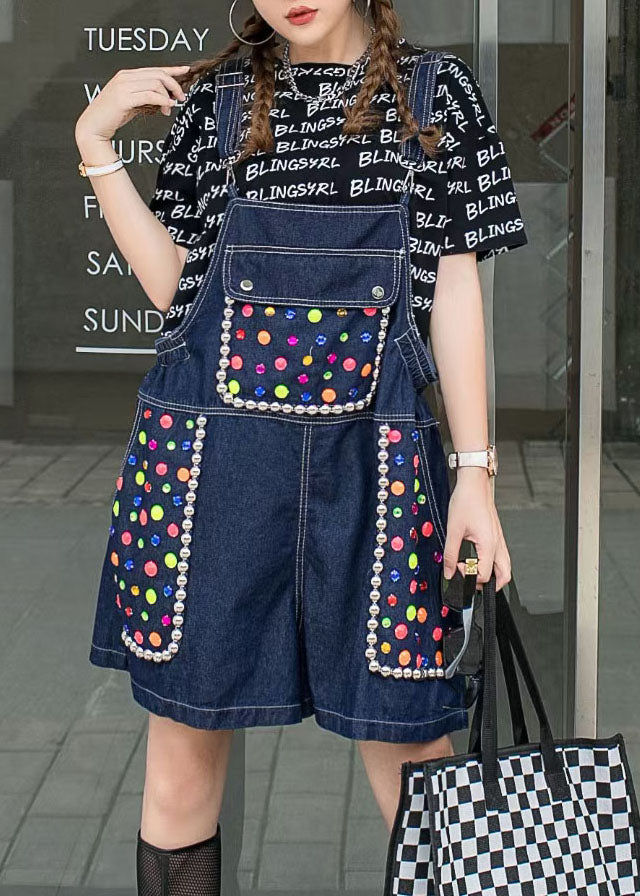 Women Navy Zircon Patchwork Denim Spaghetti Strap Jumpsuits Shorts Summer LY5254 - fabuloryshop