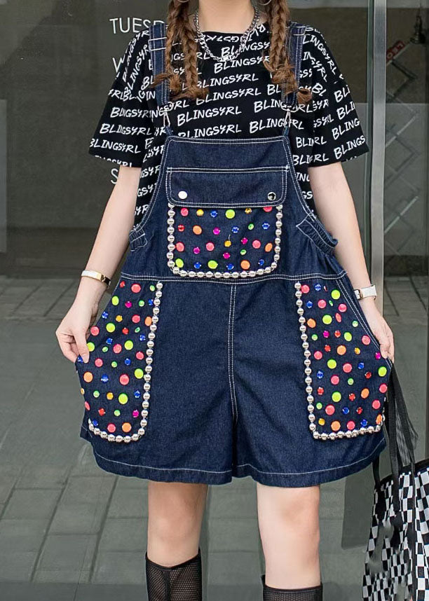 Women Navy Zircon Patchwork Denim Spaghetti Strap Jumpsuits Shorts Summer LY5254 - fabuloryshop